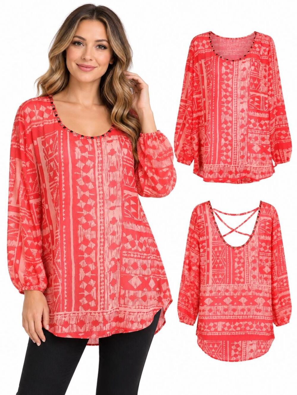 Studio Y Women’s XL Coral Pink Long Sleeve Sheer Blouse Studded Boho Print